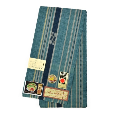 八重山ミンサー半幅帯 2本絣・深青緑｜静かな深みを湛えた青緑の織り